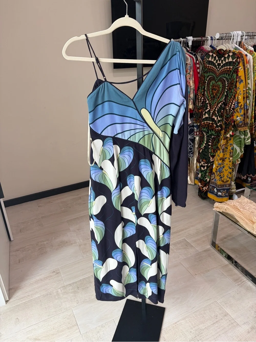 Farm Rio , Black Lovely Anthurium One-Shoulder Maxi Dress